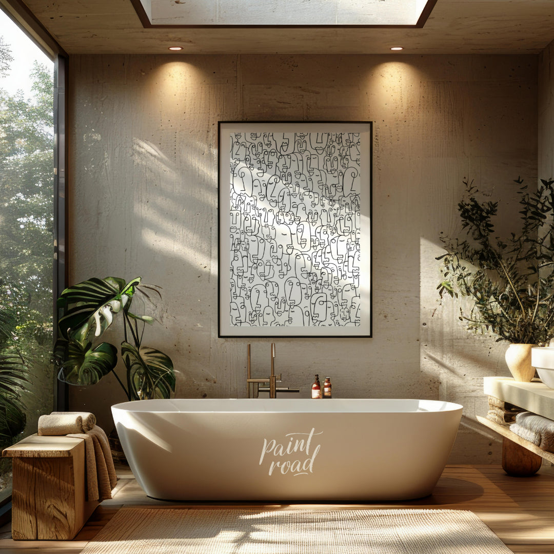 """Collective Faces"" presents a densely packed composition of stylized faces rendered in bold blac… for bathroom