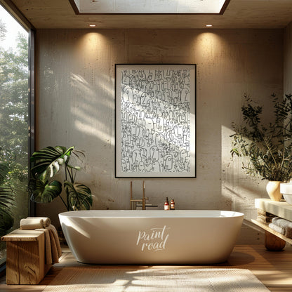 """Collective Faces"" presents a densely packed composition of stylized faces rendered in bold blac… for bathroom