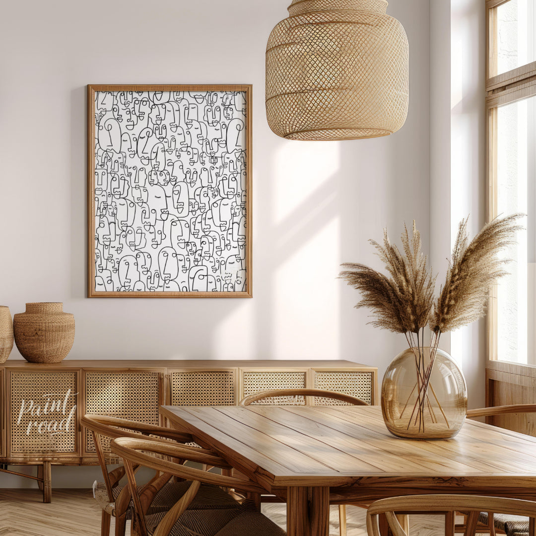 """Collective Faces"" presents a densely packed composition of stylized faces rendered in bold blac… for dining room