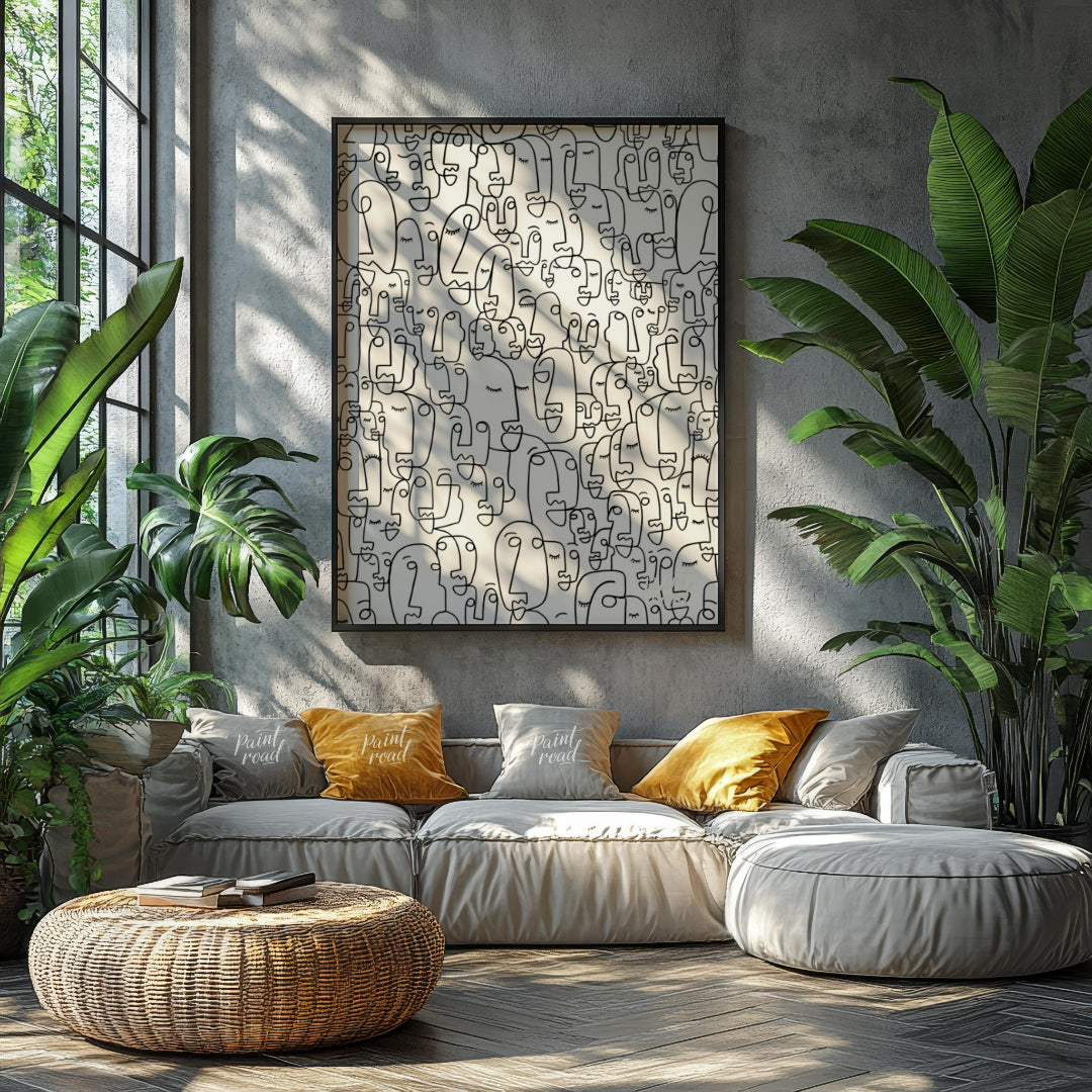 """Collective Faces"" presents a densely packed composition of stylized faces rendered in bold blac… for living room