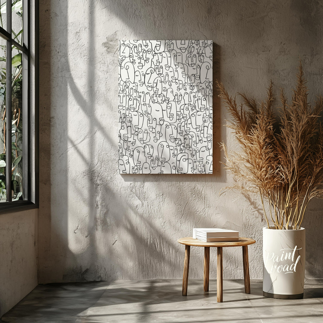 """Collective Faces"" presents a densely packed composition of stylized faces rendered in bold blac… for living room