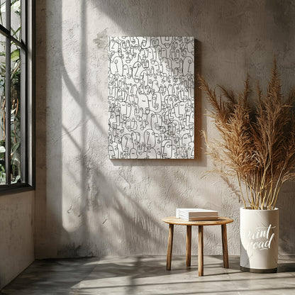 """Collective Faces"" presents a densely packed composition of stylized faces rendered in bold blac… for living room