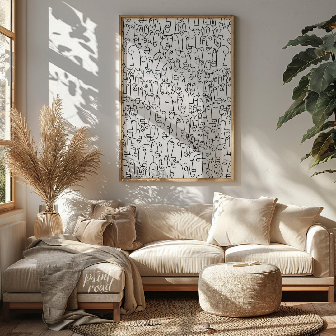 """Collective Faces"" presents a densely packed composition of stylized faces rendered in bold blac… for living room