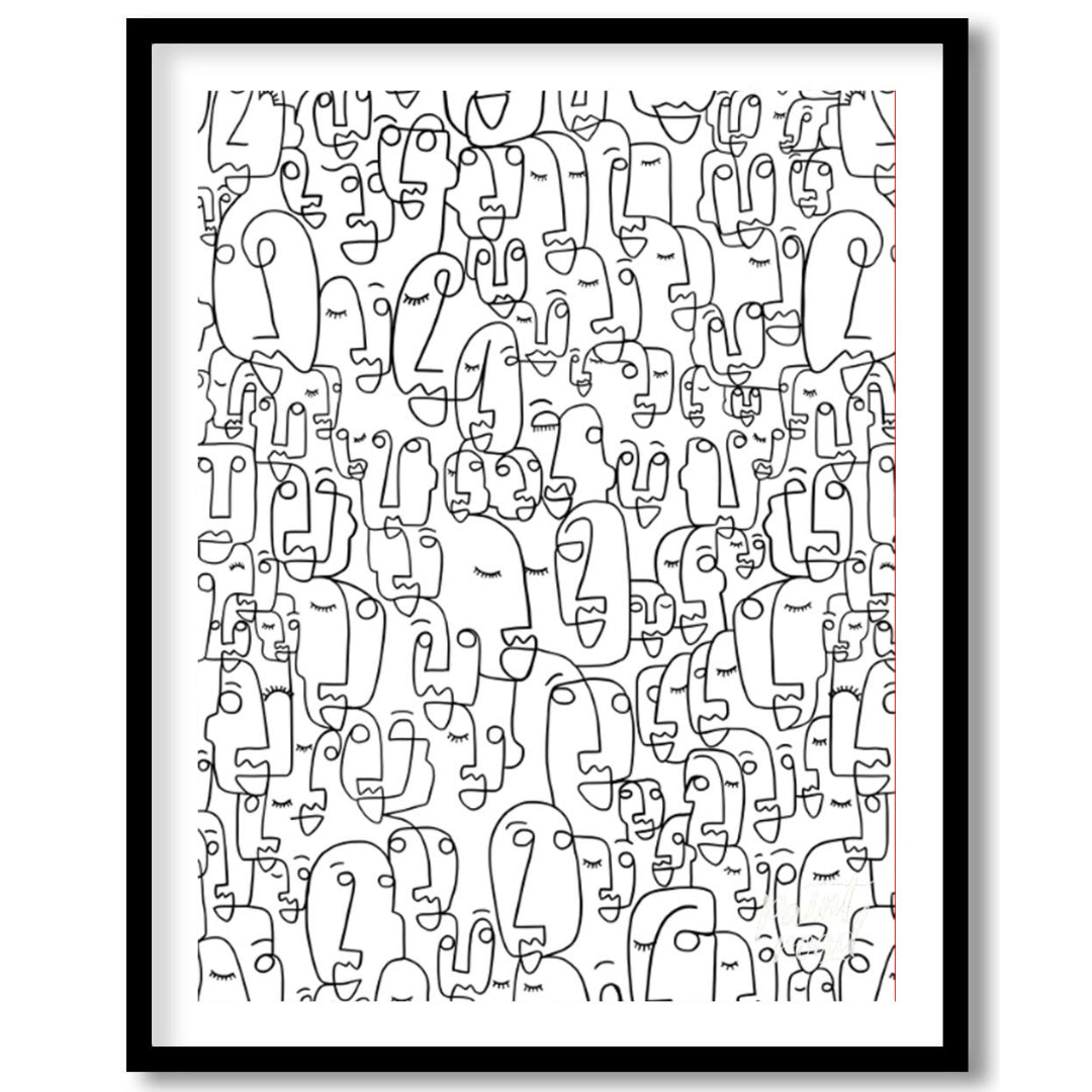 """Collective Faces"" presents a densely packed composition of stylized faces rendered in bold blac… for place