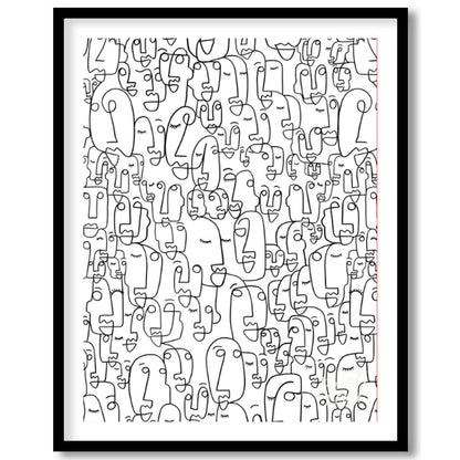 """Collective Faces"" presents a densely packed composition of stylized faces rendered in bold blac… for place
