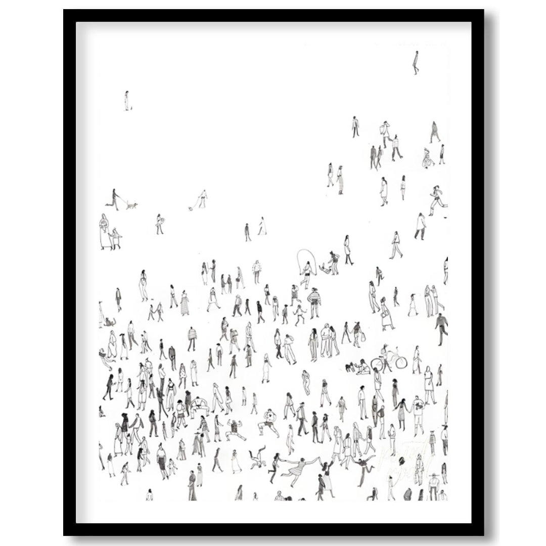 """Collective Motion"" presents a dynamic composition of numerous small figures rendered in black i… for area