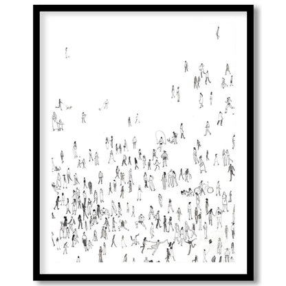 """Collective Motion"" presents a dynamic composition of numerous small figures rendered in black i… for area