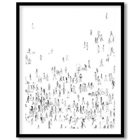 """Collective Motion"" presents a dynamic composition of numerous small figures rendered in black i… for area