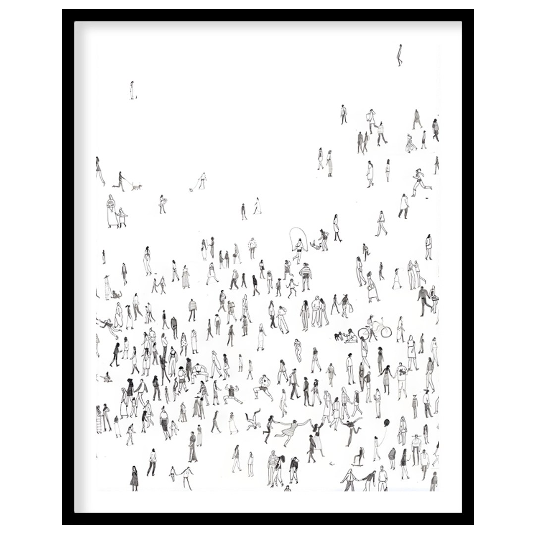 """Collective Motion"" presents a dynamic composition of numerous small figures rendered in black i… for area