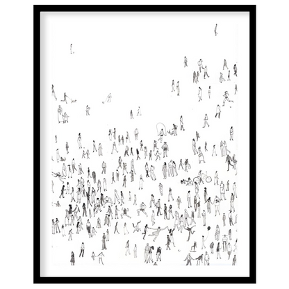 """Collective Motion"" presents a dynamic composition of numerous small figures rendered in black i… for area