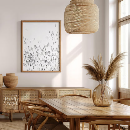 """Collective Motion"" presents a dynamic composition of numerous small figures rendered in black i… for dining room