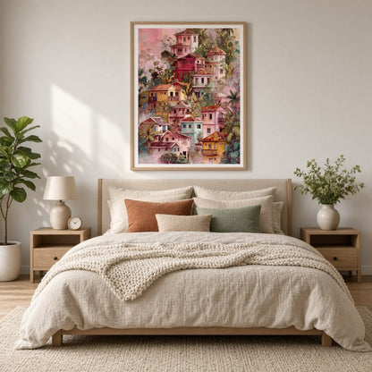 Capture the essence of a tranquil hillside village with this vibrant art print. Featuring a for Bedroom