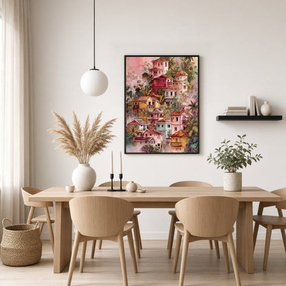 Capture the essence of a tranquil hillside village with this vibrant art print. Featuring a for Dining