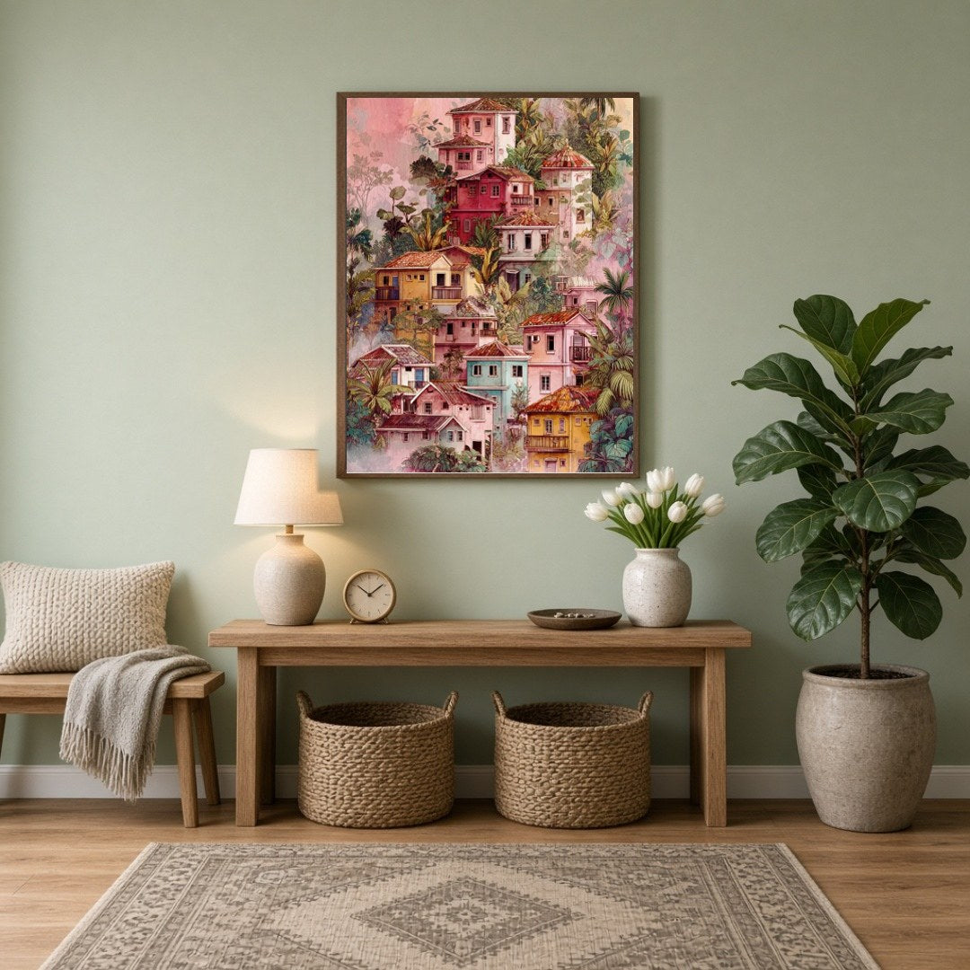 Capture the essence of a tranquil hillside village with this vibrant art print. Featuring a for Entrance