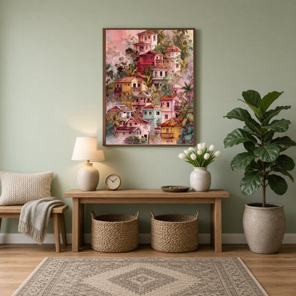 Capture the essence of a tranquil hillside village with this vibrant art print. Featuring a for Entrance