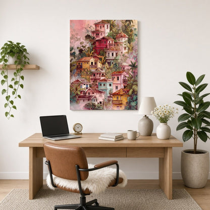 Capture the essence of a tranquil hillside village with this vibrant art print. Featuring a for Home Office