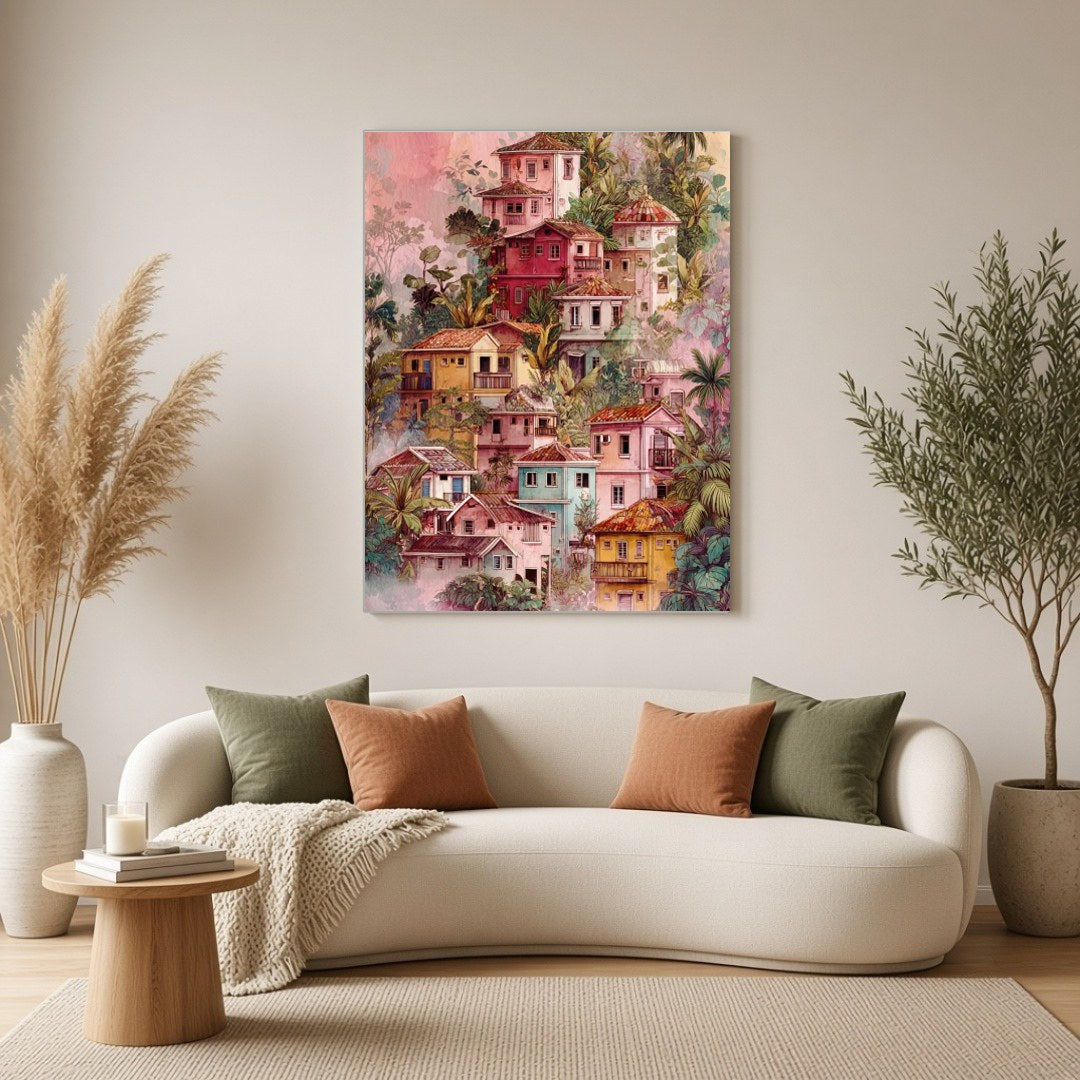 Capture the essence of a tranquil hillside village with this vibrant art print. Featuring a for Living Room