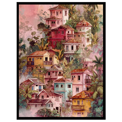 Capture the essence of a tranquil hillside village with this vibrant art print. Featuring a for loft