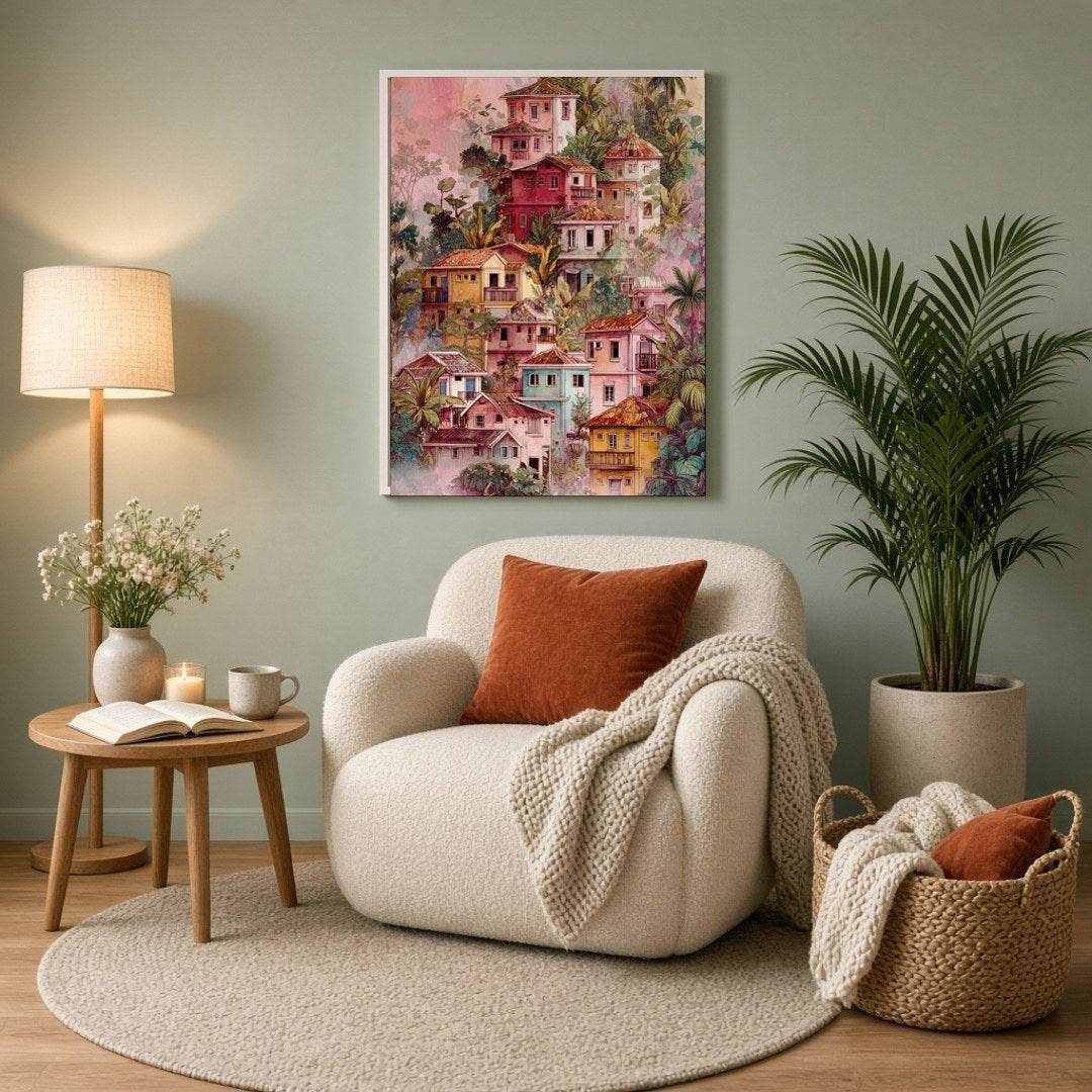 Capture the essence of a tranquil hillside village with this vibrant art print. Featuring a for Reading Nook