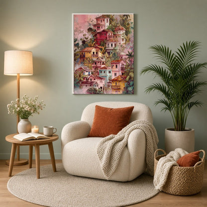 Capture the essence of a tranquil hillside village with this vibrant art print. Featuring a for Reading Nook
