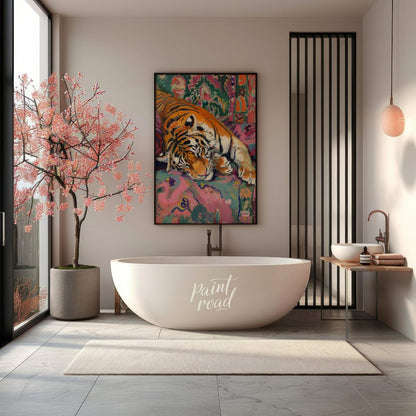 This vibrant and whimsical painting depicts a majestic tiger lounging comfortably on a richly patte… for bathroom