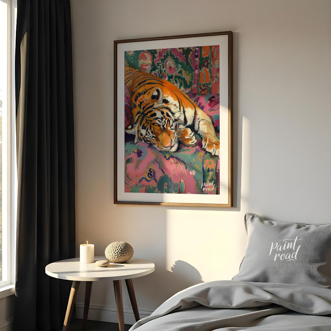 This vibrant and whimsical painting depicts a majestic tiger lounging comfortably on a richly patte… for bedroom