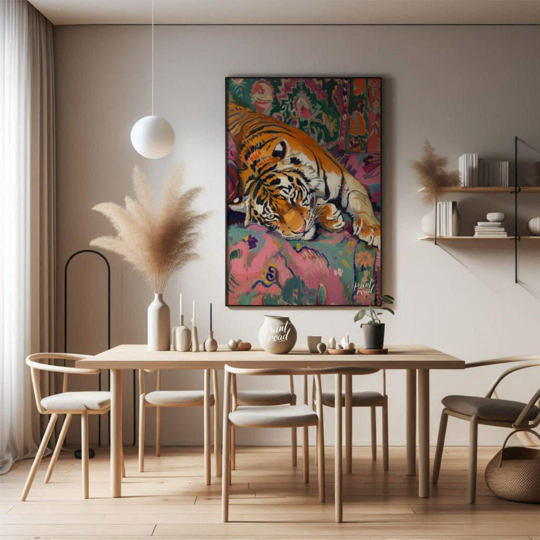 This vibrant and whimsical painting depicts a majestic tiger lounging comfortably on a richly patte… for dining room