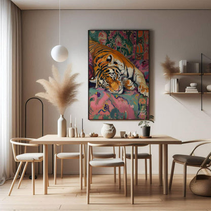 This vibrant and whimsical painting depicts a majestic tiger lounging comfortably on a richly patte… for dining room