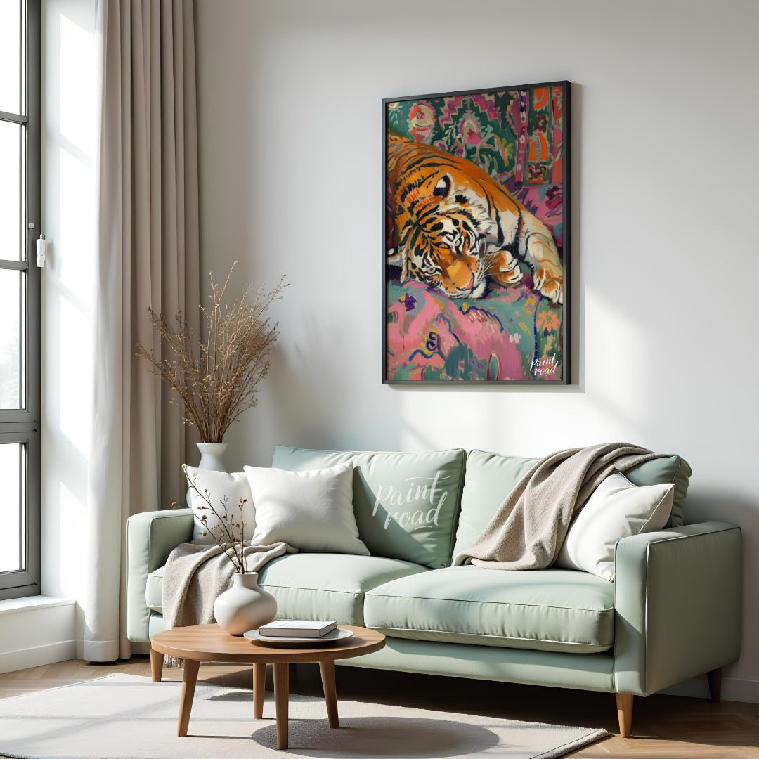 This vibrant and whimsical painting depicts a majestic tiger lounging comfortably on a richly patte… for living room
