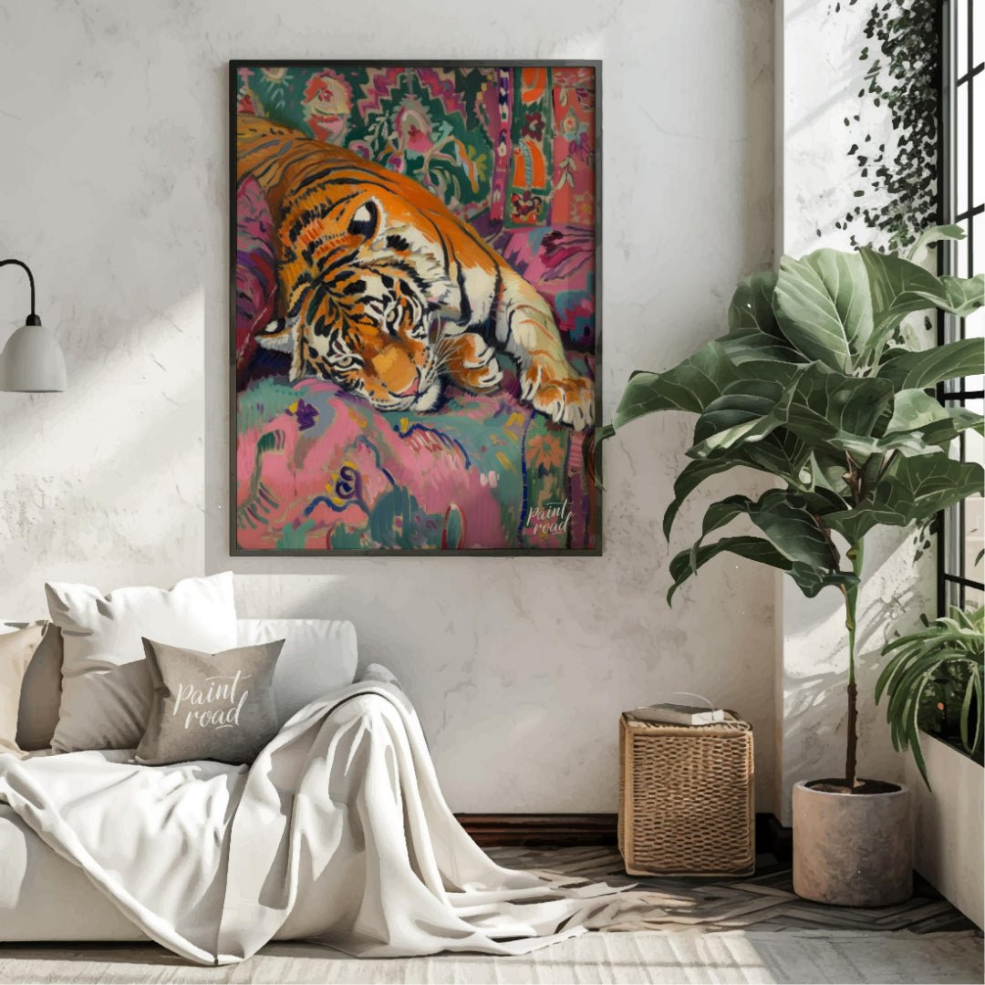 This vibrant and whimsical painting depicts a majestic tiger lounging comfortably on a richly patte… for living room