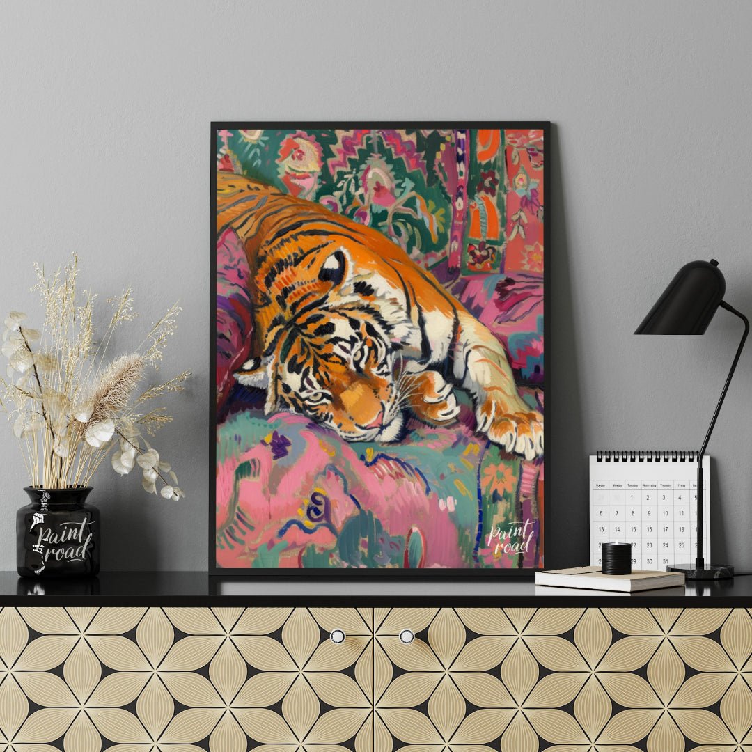 This vibrant and whimsical painting depicts a majestic tiger lounging comfortably on a richly patte… for office