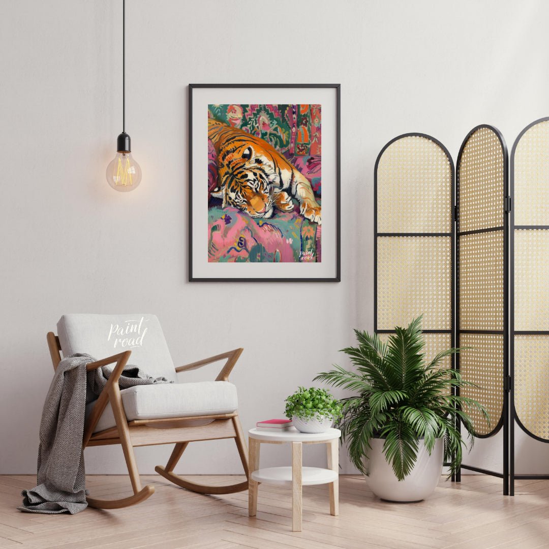 This vibrant and whimsical painting depicts a majestic tiger lounging comfortably on a richly patte… for office