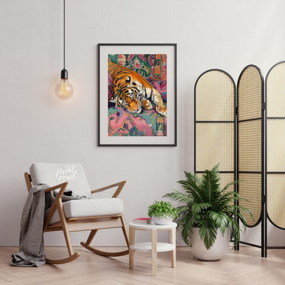 This vibrant and whimsical painting depicts a majestic tiger lounging comfortably on a richly patte… for office