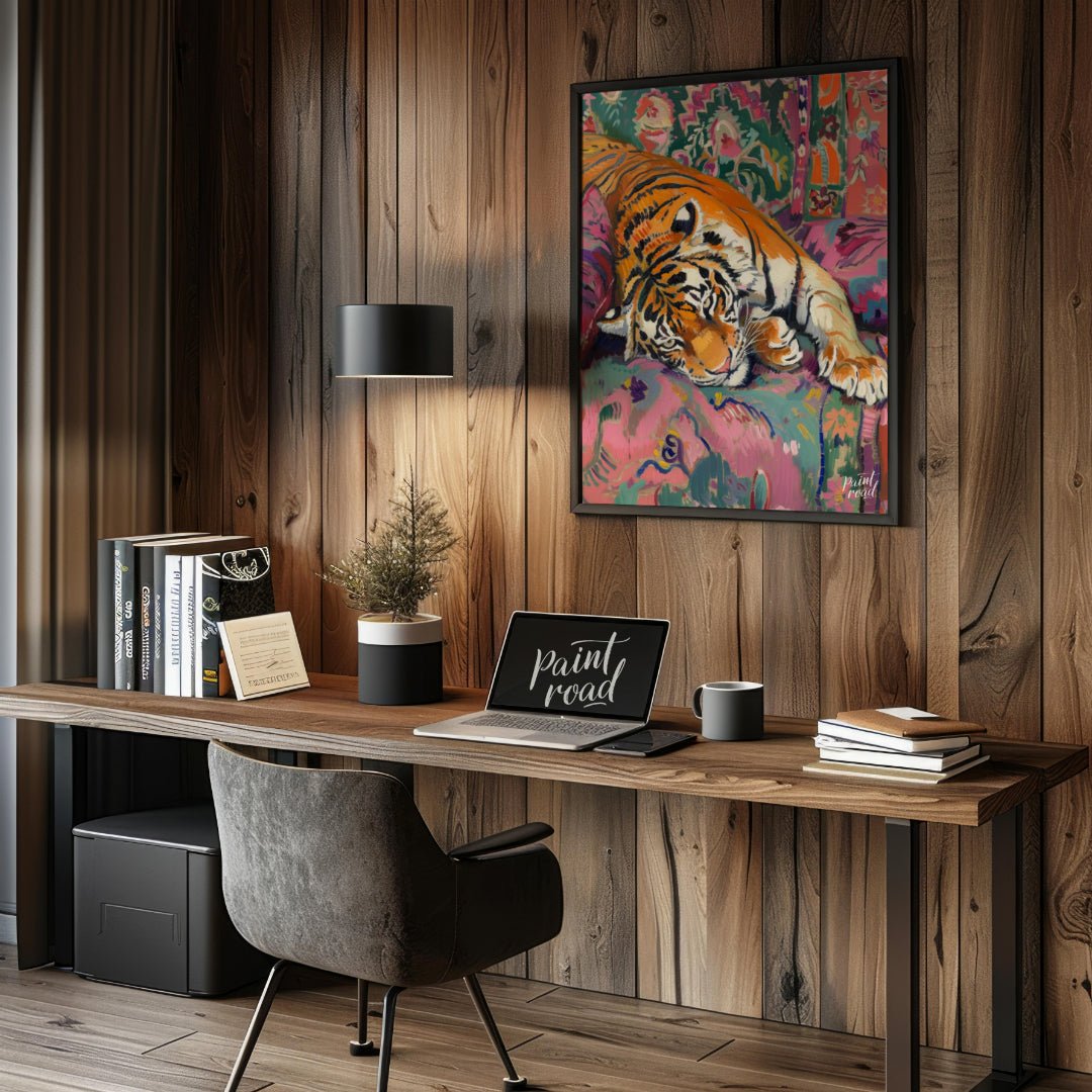 This vibrant and whimsical painting depicts a majestic tiger lounging comfortably on a richly patte… for office