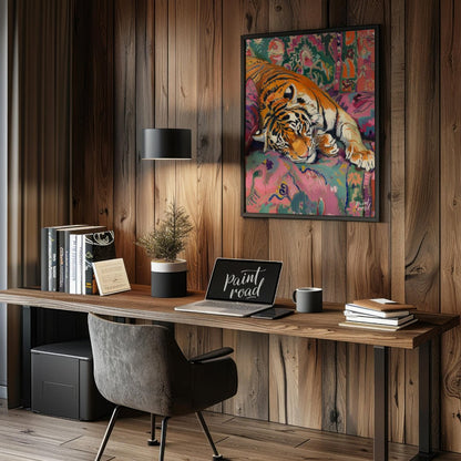 This vibrant and whimsical painting depicts a majestic tiger lounging comfortably on a richly patte… for office