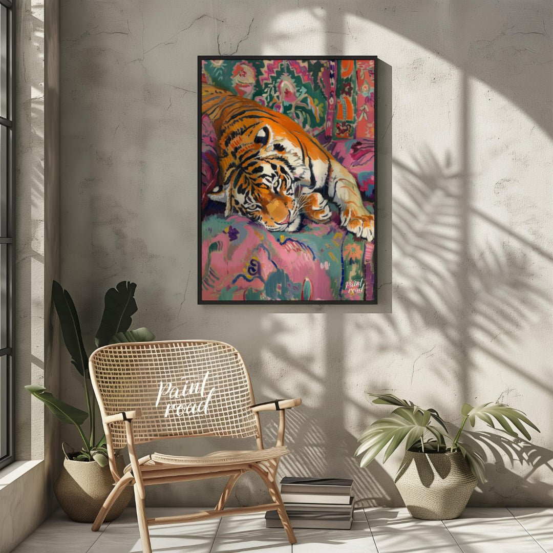 This vibrant and whimsical painting depicts a majestic tiger lounging comfortably on a richly patte… for other
