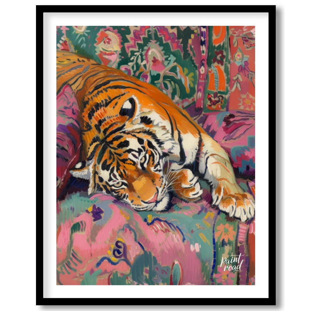 This vibrant and whimsical painting depicts a majestic tiger lounging comfortably on a richly patte… for place