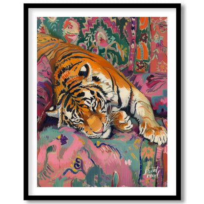 This vibrant and whimsical painting depicts a majestic tiger lounging comfortably on a richly patte… for place