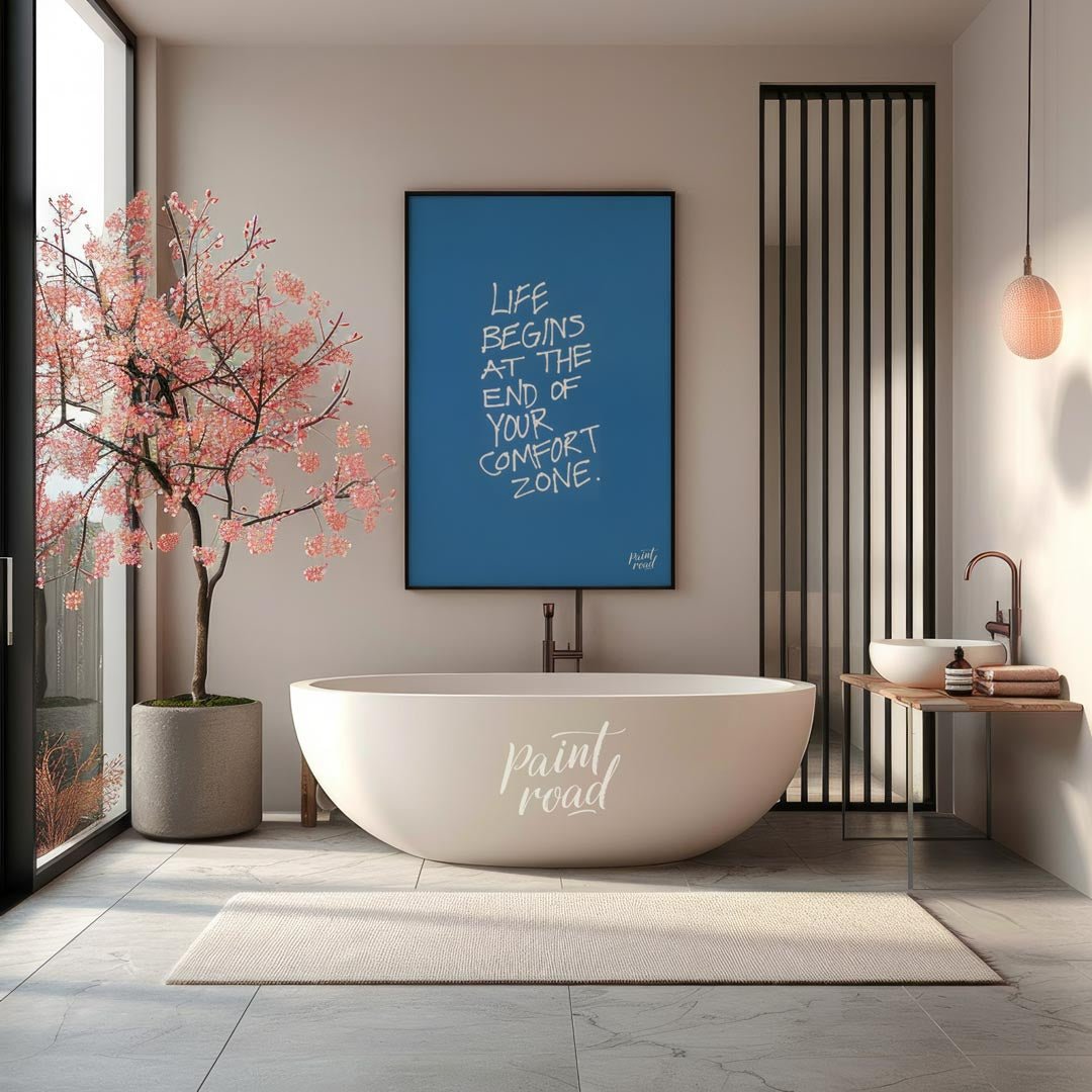 This minimalist yet powerful art print features the inspiring message, “LIFE BEGINS AT THE END OF Y… for bathroom