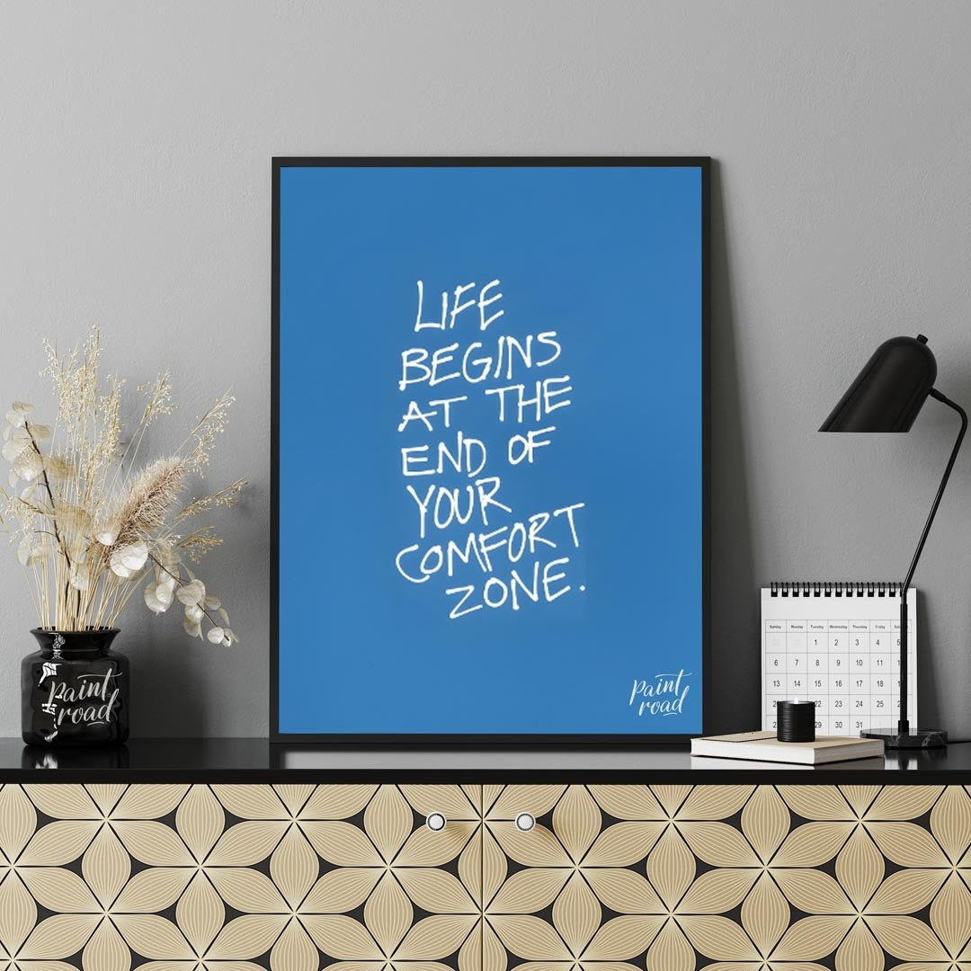 Comfort Zone Quote Painting available online at Paintroad showing blue calm and challenge