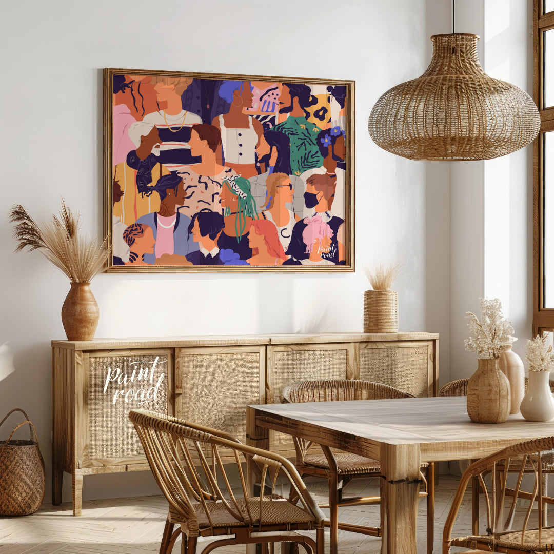 This vibrant illustration captures a diverse crowd of individuals, rendered in a stylized, contempo… for dining room