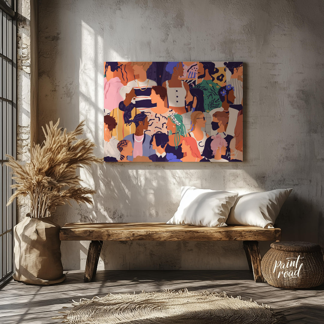 This vibrant illustration captures a diverse crowd of individuals, rendered in a stylized, contempo… for entryway