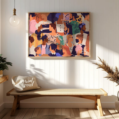 This vibrant illustration captures a diverse crowd of individuals, rendered in a stylized, contempo… for entryway