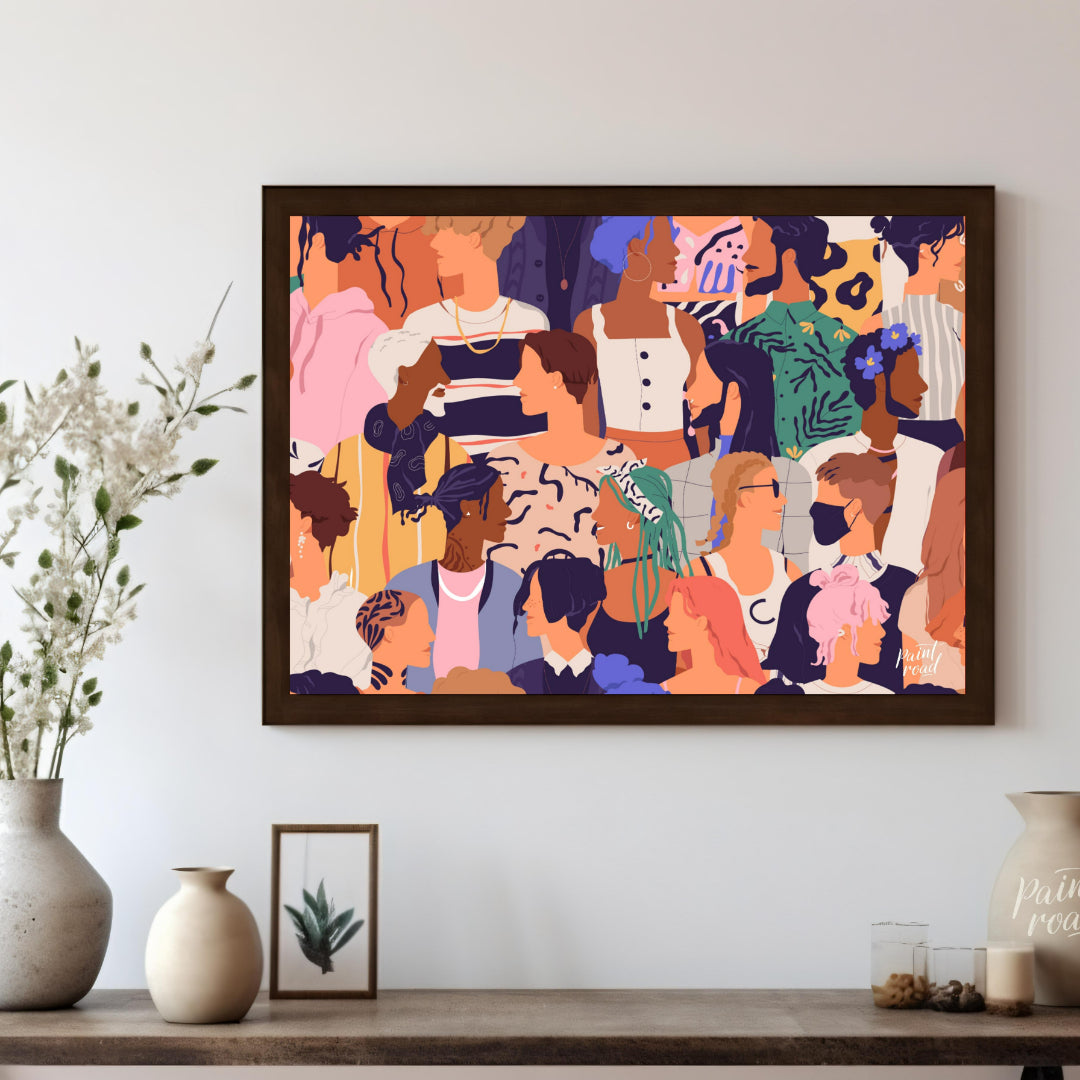 This vibrant illustration captures a diverse crowd of individuals, rendered in a stylized, contempo… for living room