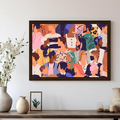 This vibrant illustration captures a diverse crowd of individuals, rendered in a stylized, contempo… for living room