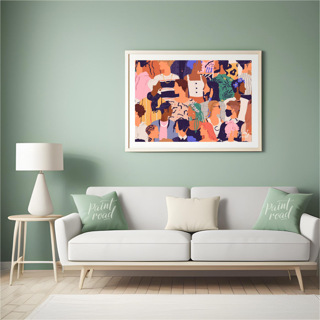 This vibrant illustration captures a diverse crowd of individuals, rendered in a stylized, contempo… for living room