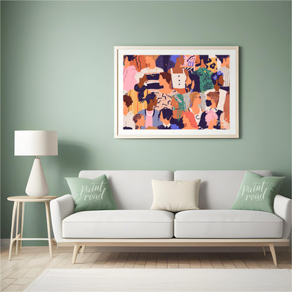 This vibrant illustration captures a diverse crowd of individuals, rendered in a stylized, contempo… for living room