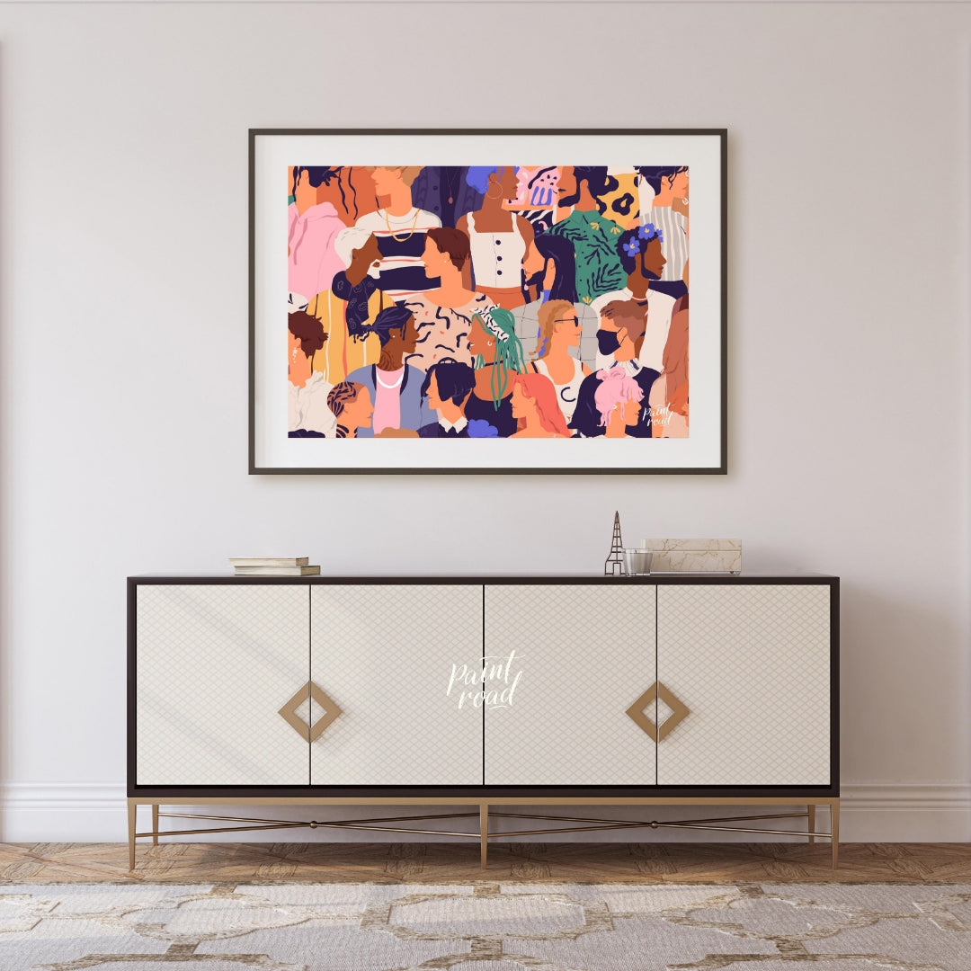 This vibrant illustration captures a diverse crowd of individuals, rendered in a stylized, contempo… for living room