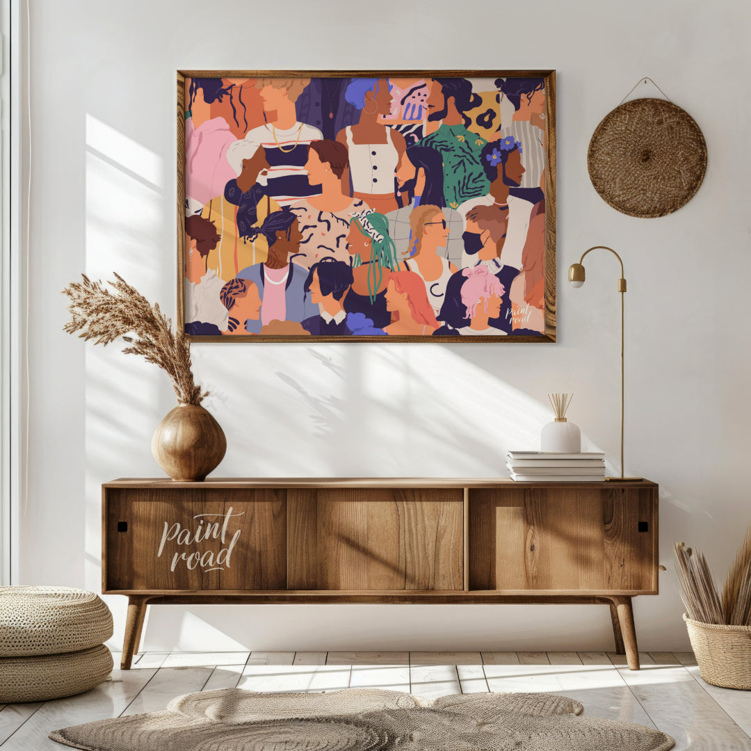 This vibrant illustration captures a diverse crowd of individuals, rendered in a stylized, contempo… for living room