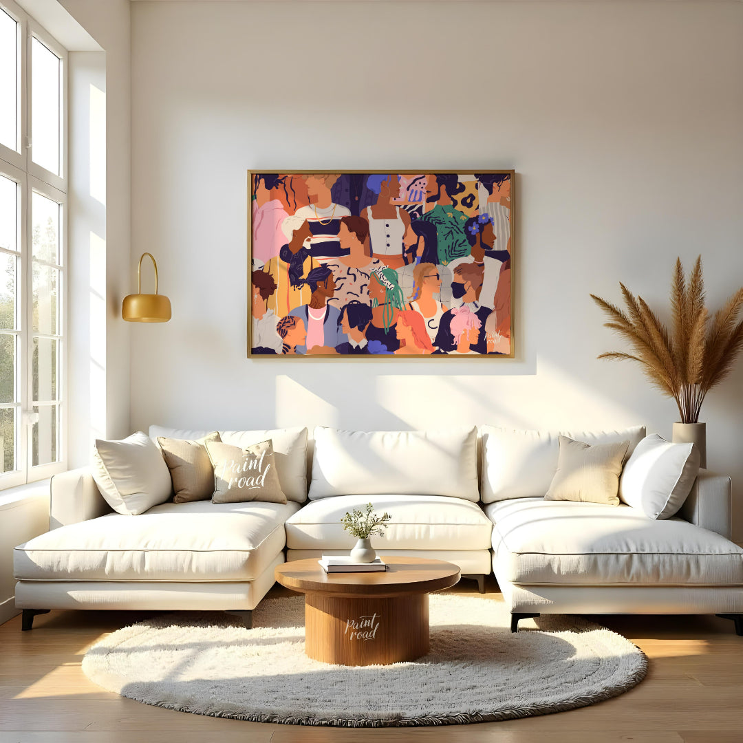 This vibrant illustration captures a diverse crowd of individuals, rendered in a stylized, contempo… for living room
